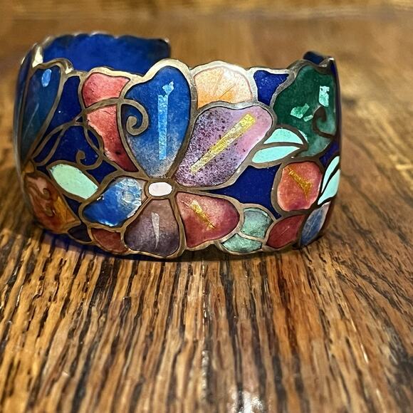 Vintage Signed David Kuo Champleve Enamel Cuff Bracelet Cloisonné Butterfly - Picture 8 of 16